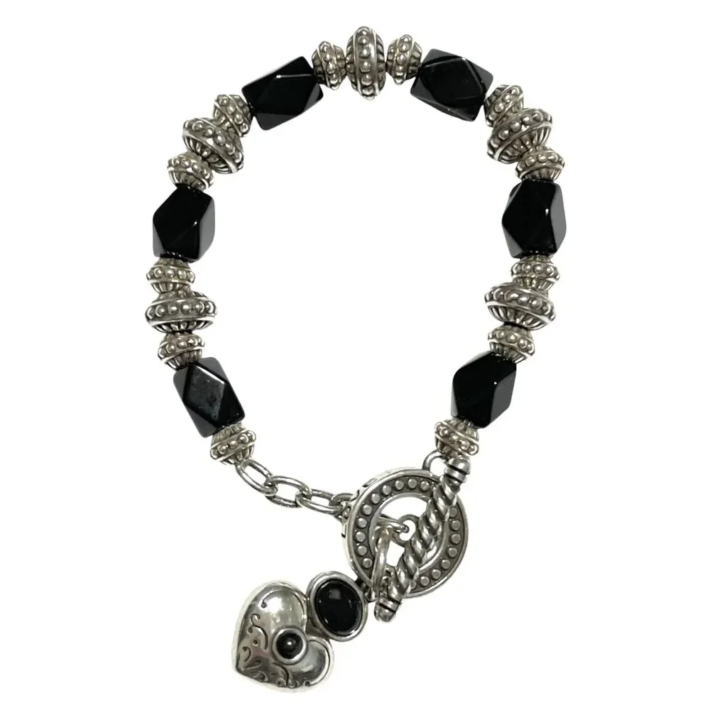 Brighton Toggle Bracelet Silver Plated Black Faceted Glass Bead Heart Love 7.5
